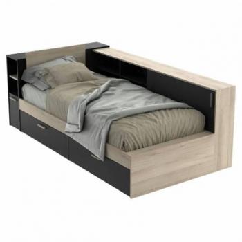 Cama Juvenil con Almacenaje de Melamina en Color Negro y Roble Kronberg, Dimensiones 90x190-200 cm, Diseño Moderno y Funcional