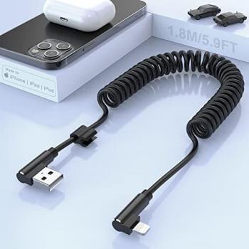 Cable De Carga En Espiral Para iPhone Apple En ángulo Recto De 90 Grados [Certificado MFi Y Compatible Con Car Play] Cable USB Espiral Transmisión Datos, Para iPhone 13/12/11 / SE/Xs/Xr / 8/7 Plus