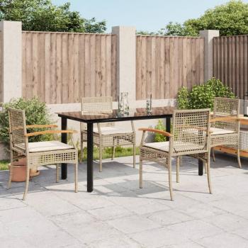5-Piece Beige Poly Rattan Garden Dining Set with Cushions