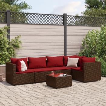6-Piece Brown Poly Rattan Garden Lounge Set with Cushions