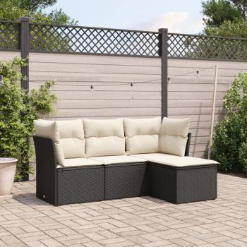 4-Piece Black Poly Rattan Garden Sofa Set with Cushions