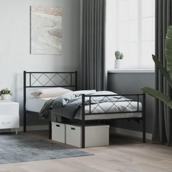 Cama metálica pediátrica con cabecero y estribo, color negro, dimensiones 107x203 cm