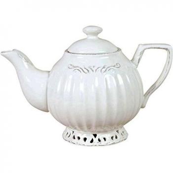 Tetera de Porcelana Blanca Shabby Chic - Acabado en Blanco Antiguo - Dimensiones 23x14x16 cm - Hecho en Italia