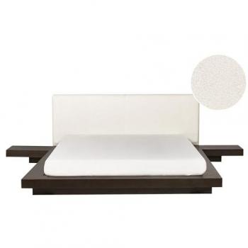 Cama Led Moderna Zen 160 x 200 cm con Cabecero de Bouclé y Mesitas de Noche en Madera Oscura