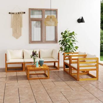 Conjunto de Sofás de Jardín 6 PCs con Cojines Crema Sólidos de Madera Maciza de Acacia