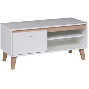 Mesa de TV Providence D112, Roble San Remo Claro y Mate Blanco, 100x47x40cm, Estilo Escandinavo
