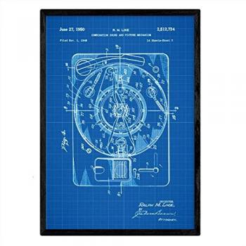 Póster A3 con Patente de Sonido e Imagen, Diseño Antiguo y Marco Negro, Fondo Azul