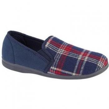 Men's Jim Checked Velour Slippers - Dark Blue Comfort Footwear