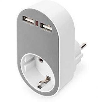 Cargador enchufable con 2 puertos USB 250 V, 50 Hz, USB: 5 V, 2,1 A, blanco/gris