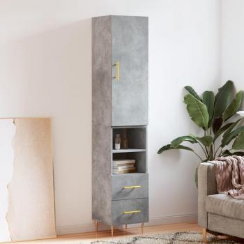 Aparador de madera contrachapada gris hormigón 34,5x34x180 cm con 2 cajones y 2 estantes, mueble de almacenaje para salón, buffet y armario auxiliar