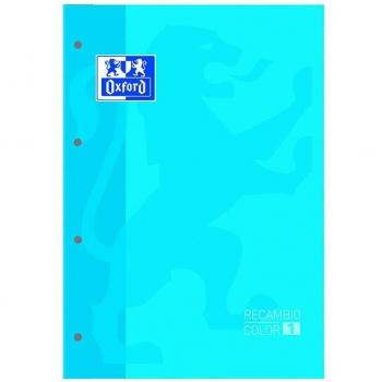 Recambio Oxford School Color 1 Encolado A4+ 80 Hojas 90g/m² Cuadrícula 5x5 con Margen Microperforadas 4 Taladros Azul Turquesa Pack de