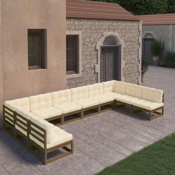 Conjunto de muebles de jardín 10 piezas con cojines de marrón miel en madera de pino