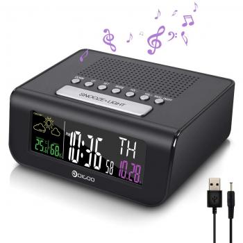DIGOO Reloj Radio Despertador Digital, Digital Despertador con Radio FM, Función de snooze, Modo de Alarma Dual, Pronóstico del Tiempo, Temperatura Humedad Interior, Calendario, Alerta de baja energía