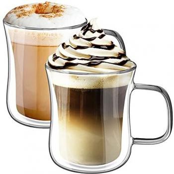KAMEUN 2x350ml Tazas de Café de Cristal, Vasos de Doble Pared con Asa,Tazas de Vidrio Borosilicato para Té, Café con Leche, Capuchino, Espresso, Jugo, Agua