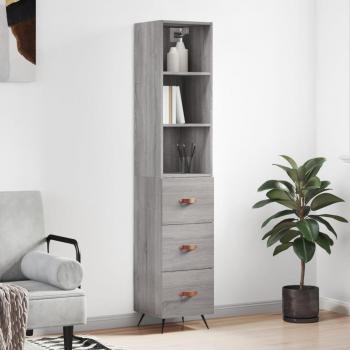 Aparador alto de madera contrachapada gris Sonoma 34,5x34x180 cm con 3 cajones, mueble de almacenaje para salón, buffet y armario auxiliar