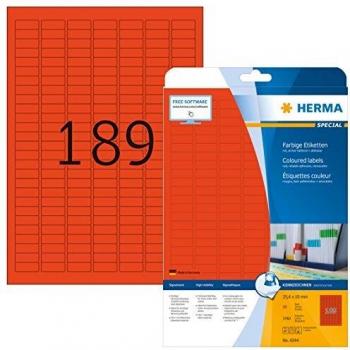 Etiquetas Rojas Removibles A4, 25,4 x 10 mm, Papel Mate, 3780 Etiquetas (20 Hojas)