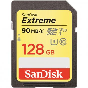 SanDisk Extreme SDXC - Tarjeta de memoria de 128 GB con hasta 90 MB/s, Clase 10 y U3 y V30 FFP, color negro