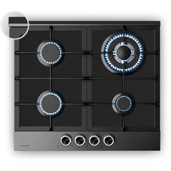 Placa de Cocina a Gas Klarstein Verosteel 60 cm, 4 Fuegos, 8000W, Encendido Eléctrico, Compatible con Gas Natural y LPG, Negro