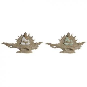 Figura Decorativa Home ESPRIT Blanco Verde Buda Oriental 30 x 6 x 15 cm (2 Unidades)