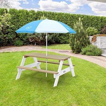 Mesa de picnic para niños Nick con parasol azul y blanco, madera marrón/blanca, dimensiones 98x49x95 cm