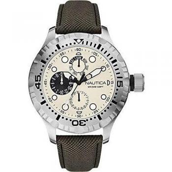 Nautica A15108G 49mm Stainless Steel Case Green Calfskin Mineral Men's Watch