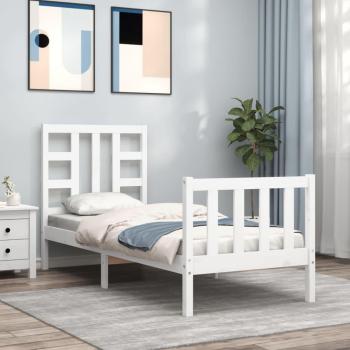 Cabecero blanco pequeño de madera maciza con estructura de cama individual, fabricado en madera maciza y acabado en color blanco