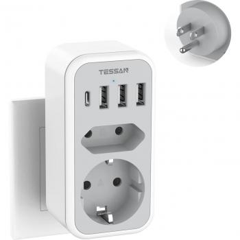 Adaptador de Enchufe TESSAN Tipo B para USA, Canadá y Francia con 3 Puertos USB y 1 Puerto USB-C, Adaptador de Enchufe UE a USA, Canadá, México y Tailandia