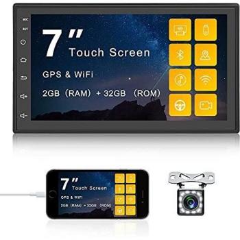 CAMECHO Androide 10 Radio de Coche con Navi, 7 Pulgadas Pantalla tactil capacitiva GPS 2 DIN | 2G RAM + 32 ROM | Bluetooth | Wi-Fi | FM/RDS | USB | Control del Volante + Cámara de Marcha atrás