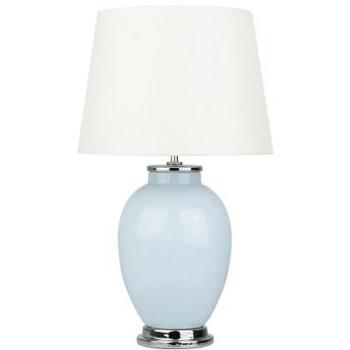 Lámpara de mesa Brenta base de cerámica azul claro con pantalla redonda de poliéster blanco