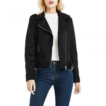 BELLIVERA Chaqueta Corta de Gamuza Sintética para Mujer, Chaqueta Moto, Bolsillos con Cremallera, Bota de Gamuza Sintética, Negro, L