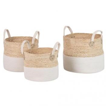 Set de 3 cestos de almacenamiento en algas y algodón, dimensiones 35x35x36 cm, 31x30x34 cm, 29x27x30 cm, color natural y blanco