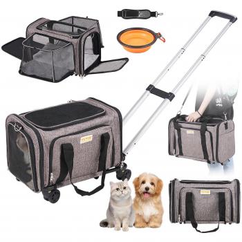 Vevor Rolling Pet Carrier for Cats and Dogs up to 25 lbs with Foldable Bowl, Grey