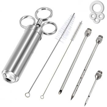 KAYCROWN 2-Ounce 304 Acero Inoxidable condimento Inyector con 3 Agujas de Adobo Profesional para Barbacoa Carne inyector Sabor Kithen Accesorios de Cocina Salsa Adobo jeringa con Cepillo de Limpieza
