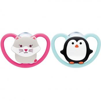 Chupete Nuk Space Silicona Talla 2 (2 unidades) 6-18 meses - Gato y Pingüino multicolor