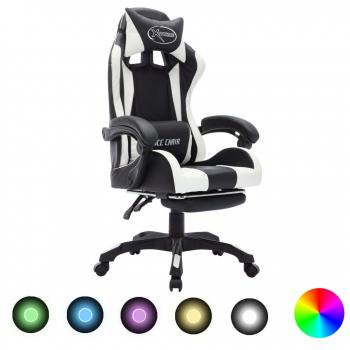 Silla Gaming Día y Noche con luces LED RGB en cuero sintético blanco y negro