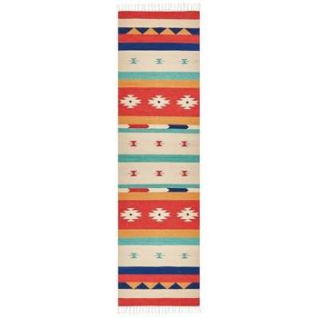 Alfombra Kilim Multicolor de Algodón 80 x 300 cm, Tejida a Mano, Patrón Geométrico Reversible con Flecos