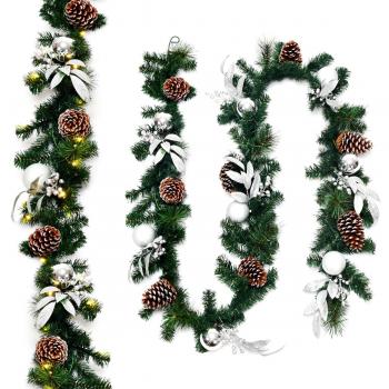 Guirnalda de Navidad de Pino Iluminada 270 cm con Temporizador, 50 Luces LED, Piñas, Pelotas Plateadas y Hojas Decorativas