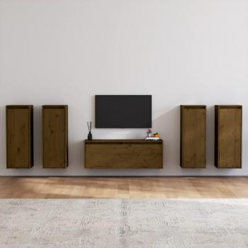 Mueble de TV 5 piezas en madera maciza de pino color marrón miel