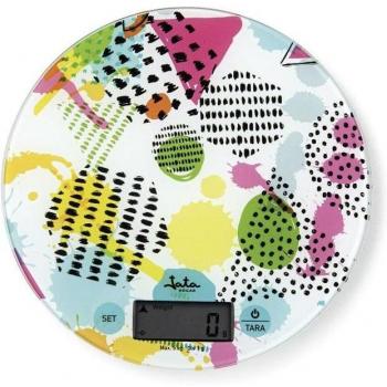 Jata 7240 Báscula de Cocina Electrónica Redonda con Tapa, Capacidad 5 kg, Superficie de Vidrio, Función Tara, Pulsadores Táctiles, Multicolor