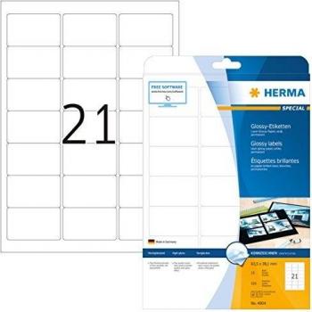 Etiquetas Autoadhesivas Brillantes HERMA 4904, 63,5 x 38,1 mm, Papel Glossy, para Impresora Láser/Copiadora, Paquete de 525 Etiquetas (25 H