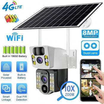 Cámara Solar Inalámbrica 4K 8MP con SIM 4G, Lente Doble, Wifi y Visión Nocturna PIR V380 Pro para Seguridad Exterior