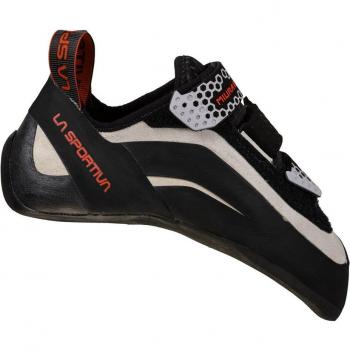 La Sportiva Miura VS - Pies de gato de mujer, color White/Cherry Tomato, diseñados para escalada, con cierre de velcro, ajuste preciso y gran sensibilidad en la punta
