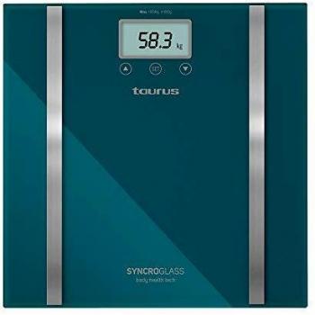 Taurus Syncro Glass Báscula baño digital, porcentaje grasa y agua, diseño slim, 28 x 28 x 2 cm, máximo 180 kg/mínimo 3 kg, kg/lb, verde metálico