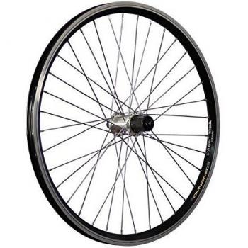 Rueda trasera de bicicleta de 24 pulgadas con llanta de doble pared y cassette de 7-10 velocidades en color negro/plata.