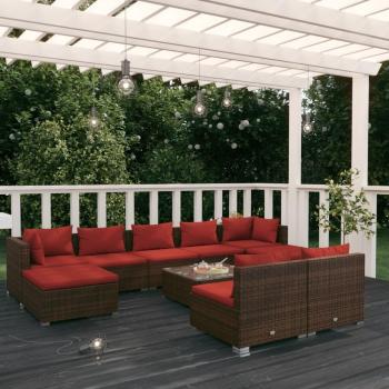 10-Piece Brown Poly Rattan Garden Lounge Set with Cushions