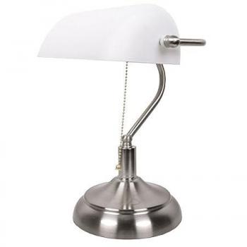 Lámpara de Mesa Bancaria Retro 1xE27 Níquel/Blanco con Pantalla de Cristal - Interlusa 27x19x38cm