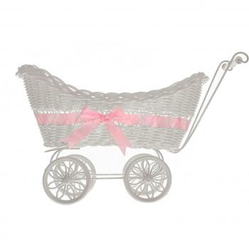 LIVIVO ® – Cesta grande de mimbre con forma de cochecito para bebé con manillar, ruedas y un colorido lazo de listón de satén, perfecta para baby shower o como regalo para bebé recién nacido