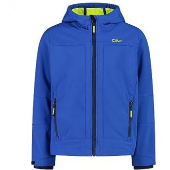 CMP Chaqueta Softshell con Capucha Fija para Niños, Color Azul Eléctrico y Lima, Talla 5, Material Resistente al Agua y al Viento, Con Forro Interior Agradable