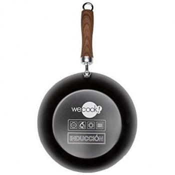 WECOOK! Carbono Wok Inducción 28 cm, Antiadherente QUANTANIUM Ecológico 3 Capas sin PFOA, Acero al Carbono, Mango Imitación Madera, Apta Todas las Cocinas Vitrocerámica, Gas