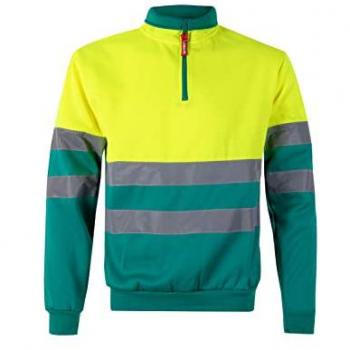 Sudadera Bicolor de Alta Visibilidad con Cremallera en Punto Afelpado, Color Verde y Amarillo Flúor, Talla S